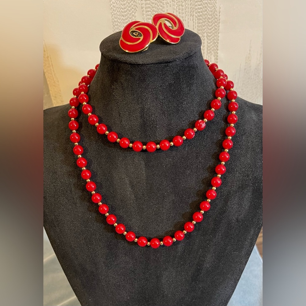 Monet Red & Gold tone clip earrings and necklace